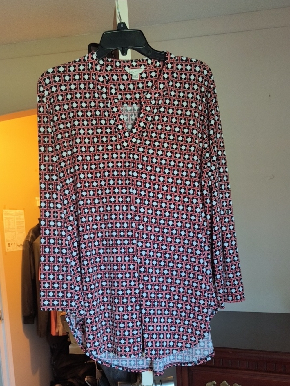 Women's Coral/Black Geometric V-neck Blouse&Coral Pants 88%poly & 12%span